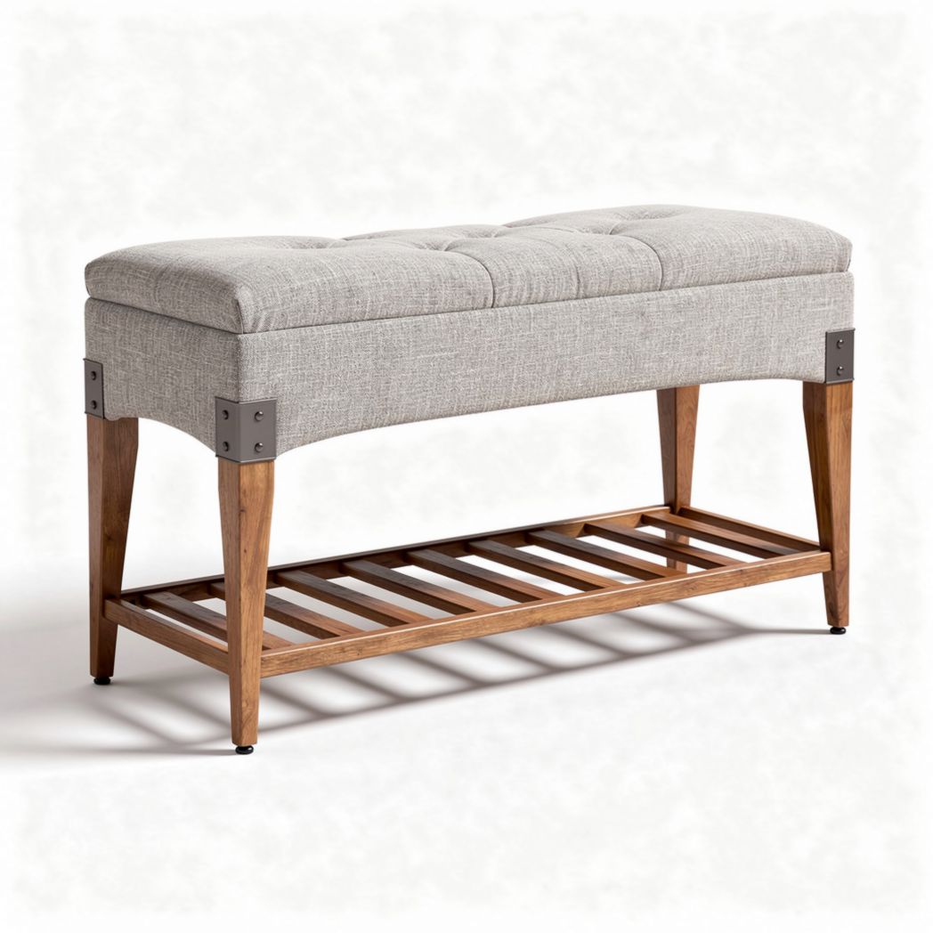 Houten bank met stoffen zitting en open opbergplank 90 x 40 x 45cm