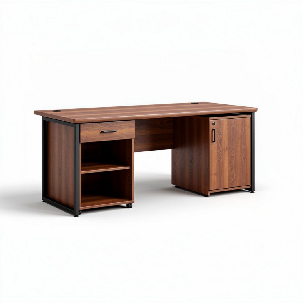 Bureau van hout met kast en lade afmetingen 150 x 70 x 75cm bruin zwart
