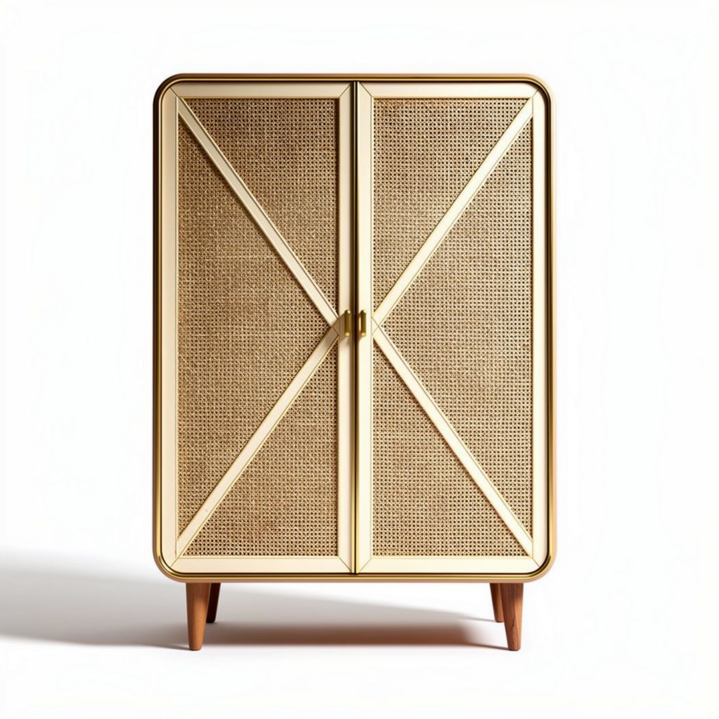 Rieten kast met gouden afwerking en deuren van 60 x 40 x 90cm