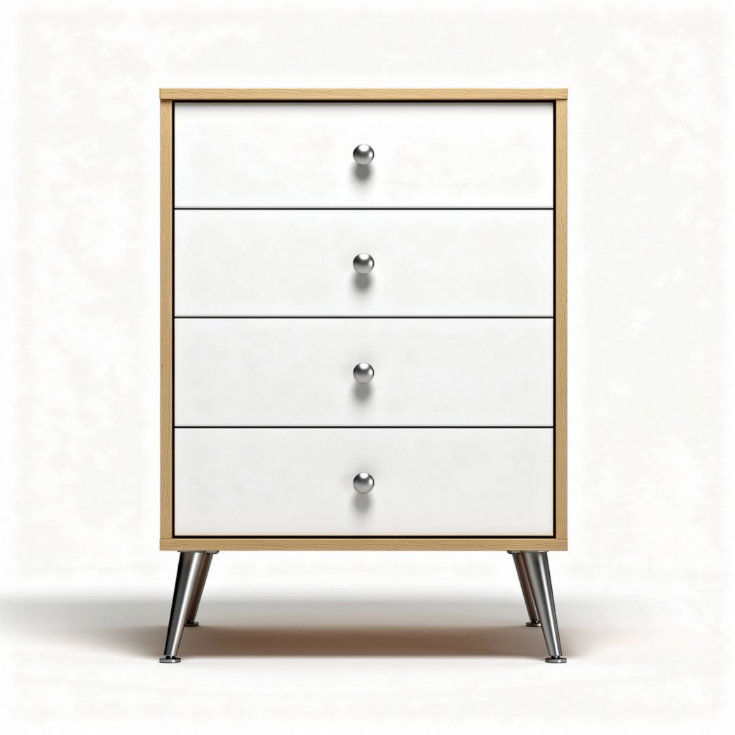 Houten nachtkastje met vier lades en metalen poten 40 x 40 x 70cm