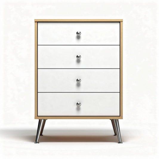 Houten nachtkastje met vier lades en metalen poten 40 x 40 x 70cm