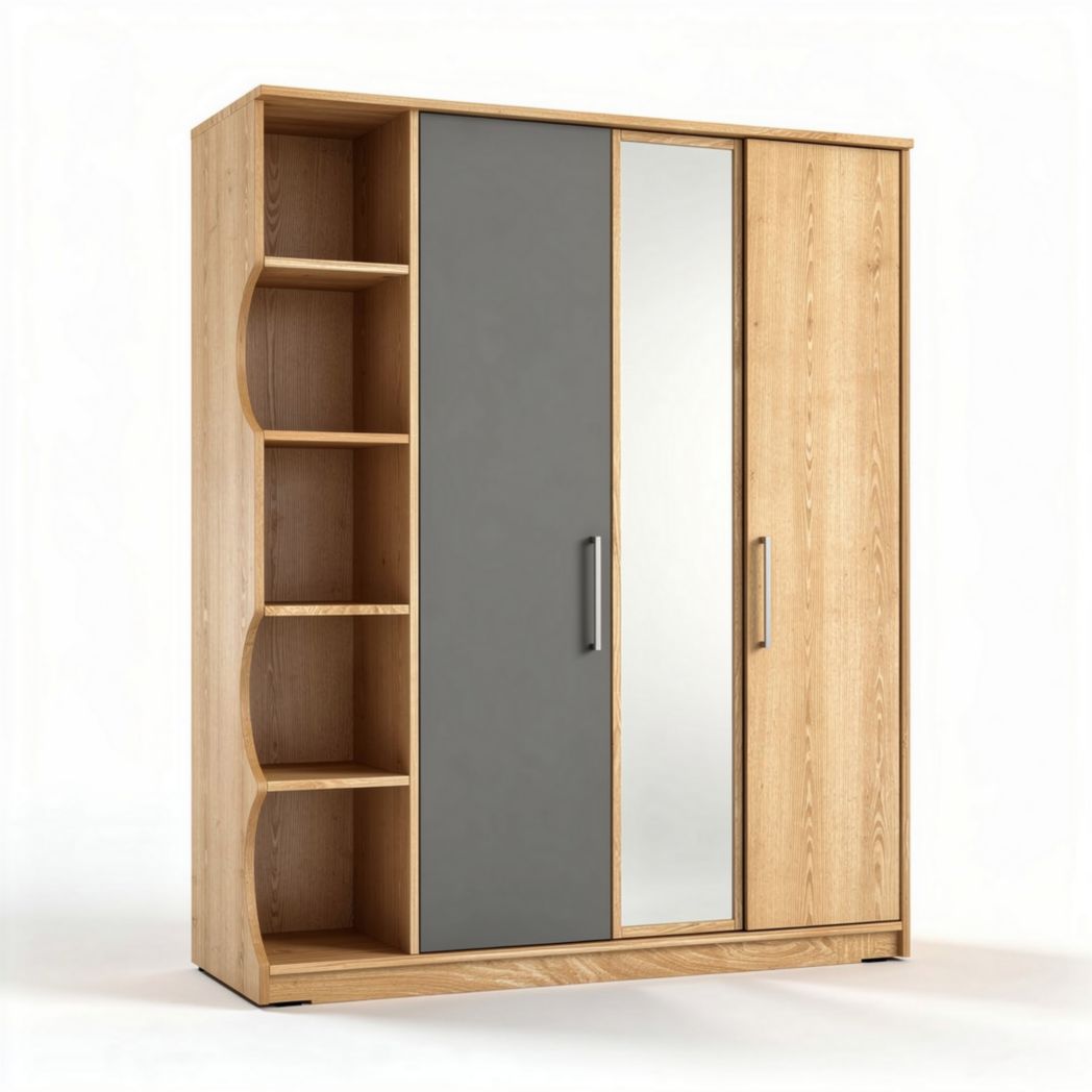 Kast van beukenhout met spiegel en vakken 120 x 50 x 180cm