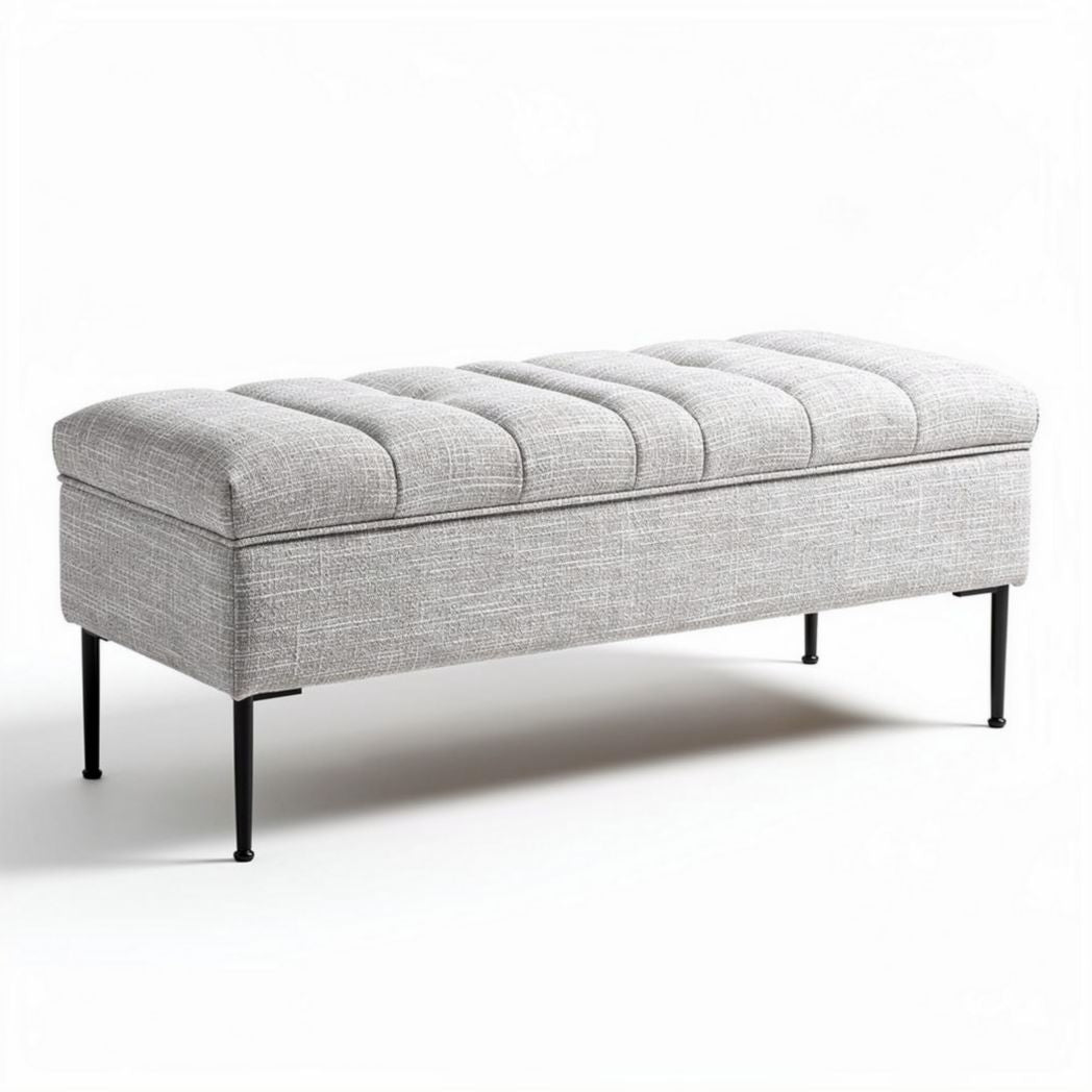grijze stoffen opbergbank met metalen poten 110 x 40 x 45cm
